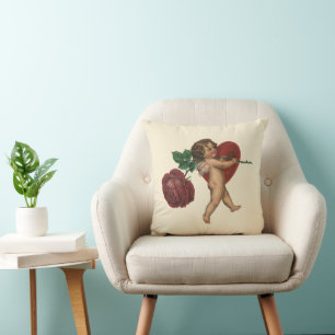 Vintage Valentine's Day Cherub and Victorian Rose Throw Pillow