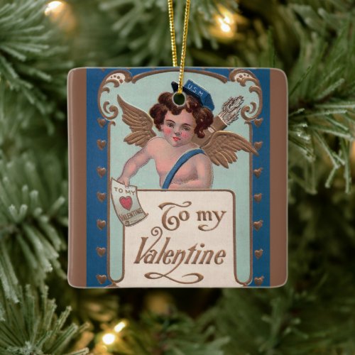 Vintage Valentines Day Cherub with Love Letters Ceramic Ornament