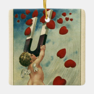 Vintage Valentine's Day, Cherub with Magnet Hearts Ceramic Ornament