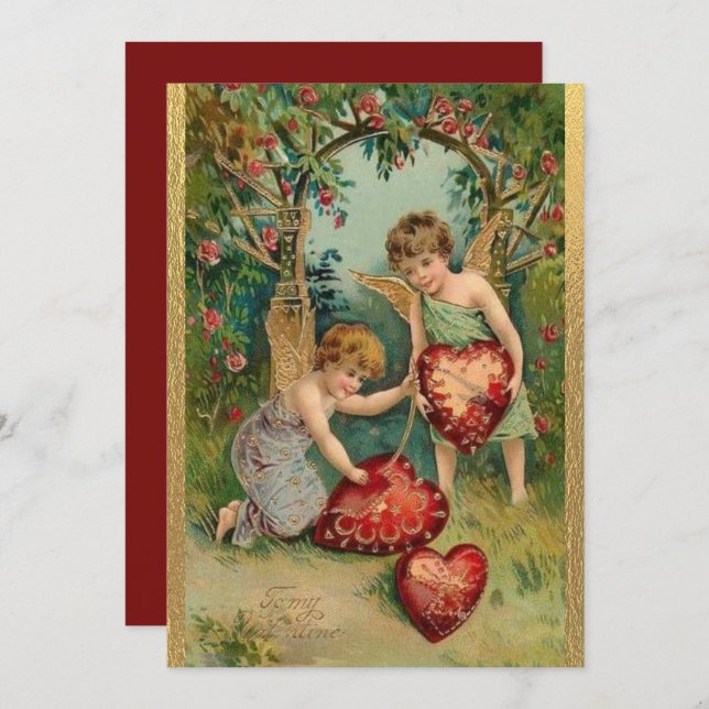 Vintage Valentine's Day Cherubs Heart Gold Holiday Card (Front/Back)