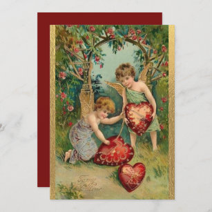 Vintage Valentine's Day Cherubs Heart Gold Holiday Card