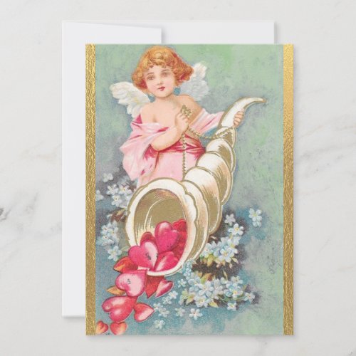 Vintage Valentines Day Cherubs Hearts Gold Holiday Card
