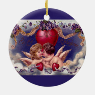 Vintage Valentine's Day, Cherubs Hug in Clouds Ceramic Ornament