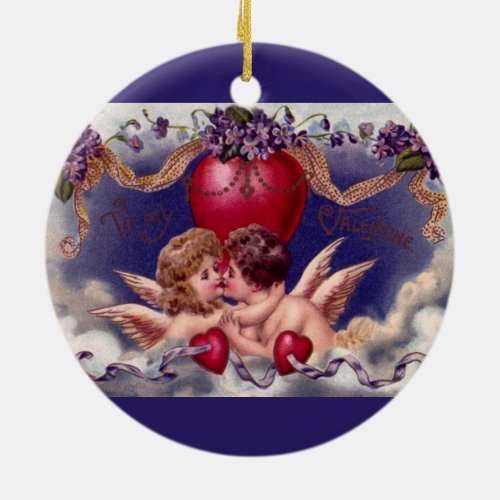 Vintage Valentines Day Cherubs Hug in Clouds Ceramic Ornament