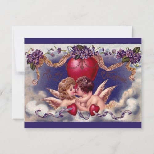 Vintage Valentines Day Cherubs Hug in Clouds Holiday Card