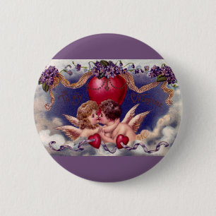 Vintage Valentine's Day, Cherubs Hug in Clouds Pinback Button