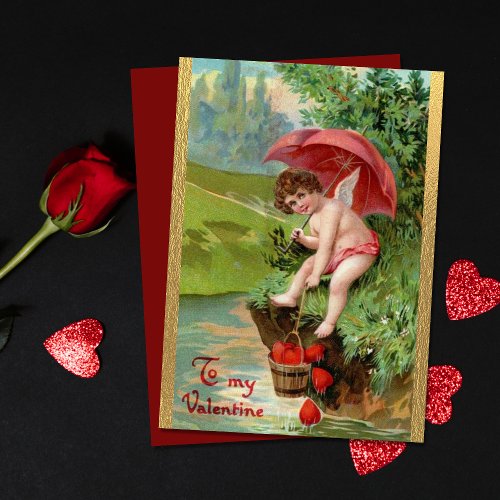 Vintage Valentines Day Cherubs Red Hearts Holiday Card