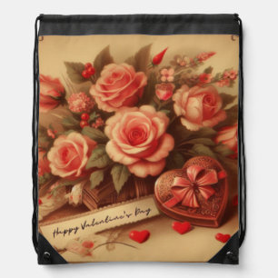 Vintage Valentine's Day Chocolates and Flowers Drawstring Bag