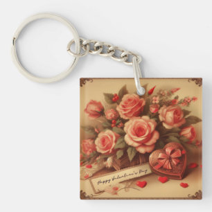Vintage Valentine's Day Chocolates and Flowers Keychain
