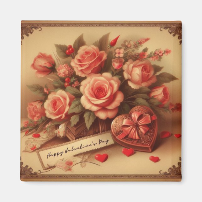 Vintage Valentine's Day Chocolates and Flowers Magnet (Front)