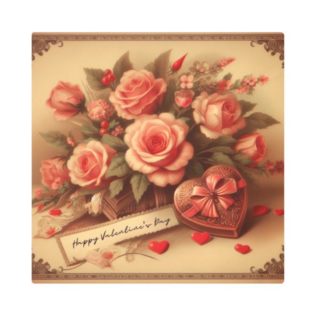 Vintage Valentine's Day Chocolates and Flowers Metal Print (Front)