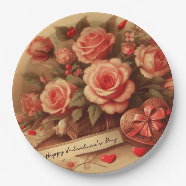 Vintage Valentine's Day Chocolates and Flowers Paper Plates (Front)
