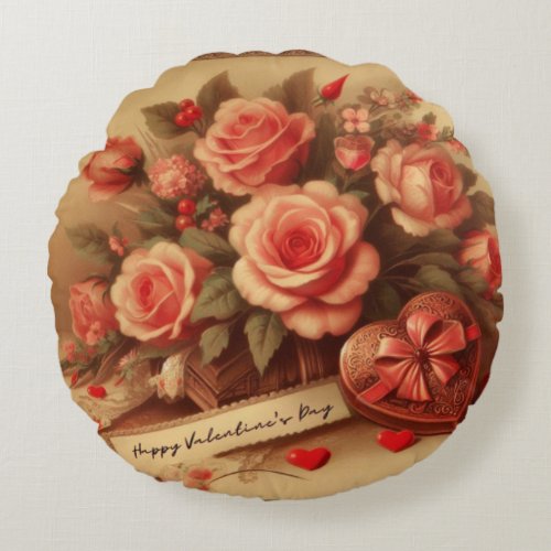 Vintage Valentines Day Chocolates and Flowers Round Pillow
