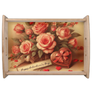 Vintage Valentine's Day Chocolates and Flowers Serving Tray