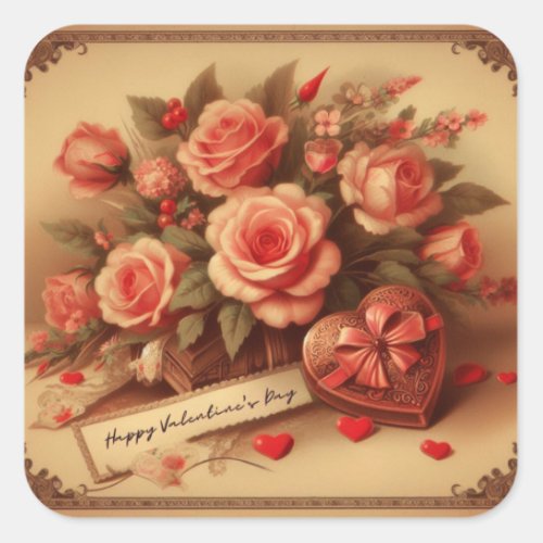 Vintage Valentines Day Chocolates and Flowers Square Sticker