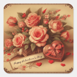 Vintage Valentine's Day Chocolates and Flowers Square Sticker