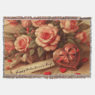 Vintage Valentine's Day Chocolates and Flowers Throw Blanket