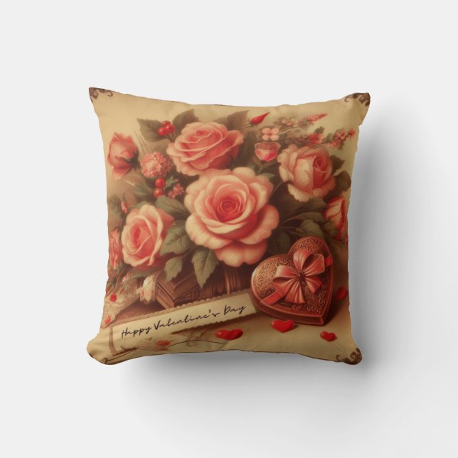 Vintage Valentine's Day Chocolates and Flowers Throw Pillow (Front)