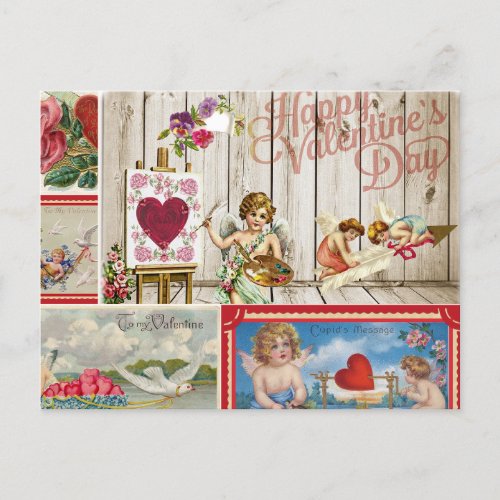 Vintage Valentines Day Collage _ Angels Hearts  Holiday Postcard