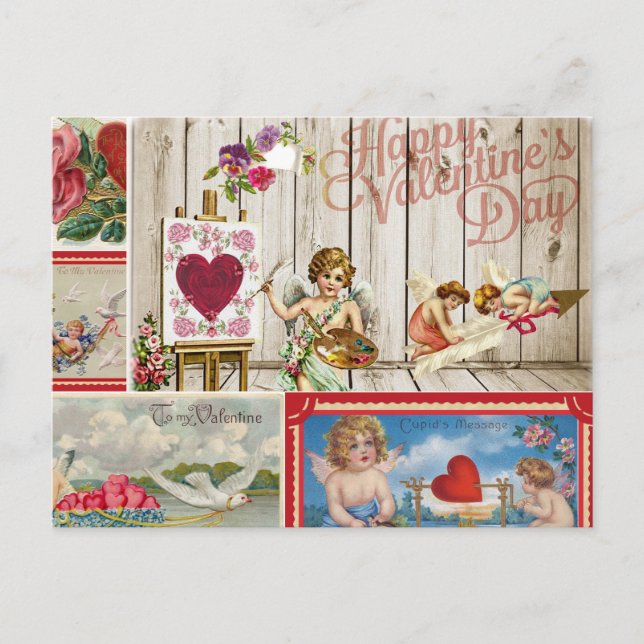 Vintage Valentine's Day Collage - Angels, Hearts  Holiday Postcard (Front)