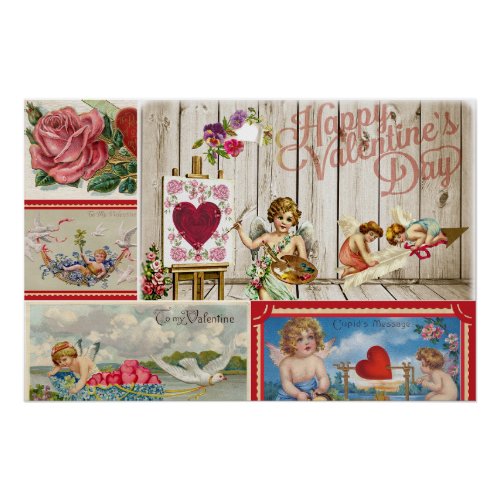 Vintage Valentines Day Collage _ Angels Hearts  Poster