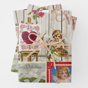 Vintage Valentine's Day Collage - Angels, Hearts Wrapping Paper Sheets