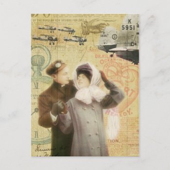 Vintage Valentine's Day Couple Love Planes Collage Holiday Postcard by red_dress at Zazzle