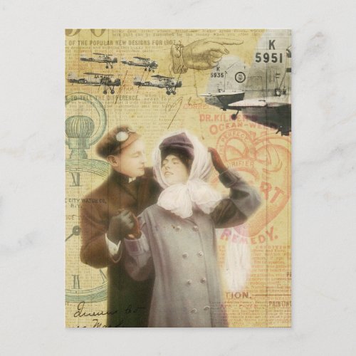 Vintage Valentines Day Couple Love Planes Collage Holiday Postcard