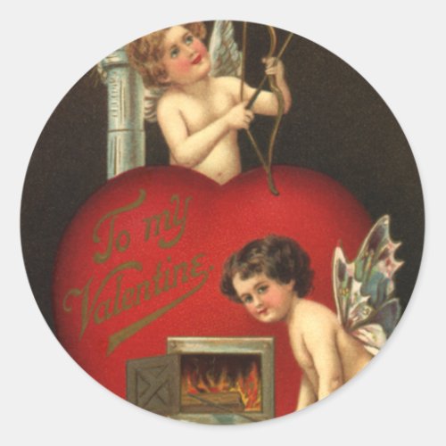 Vintage Valentines Day Cupid Angels Burning Love Classic Round Sticker