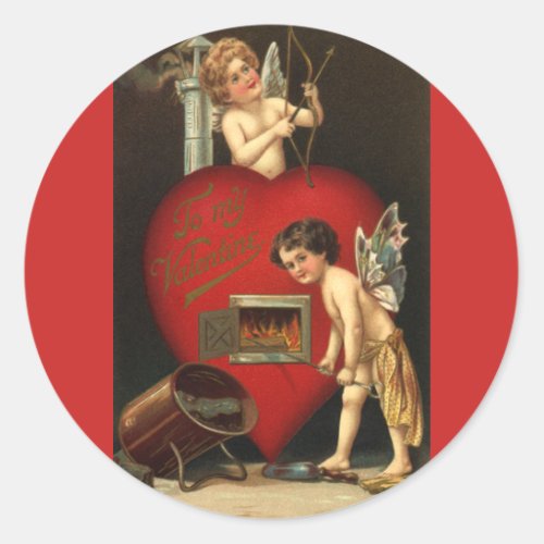 Vintage Valentines Day Cupid Angels Burning Love Classic Round Sticker