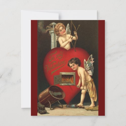 Vintage Valentines Day Cupid Angels Burning Love Holiday Card