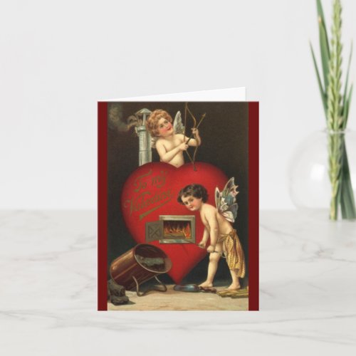 Vintage Valentines Day Cupid Angels Burning Love Holiday Card