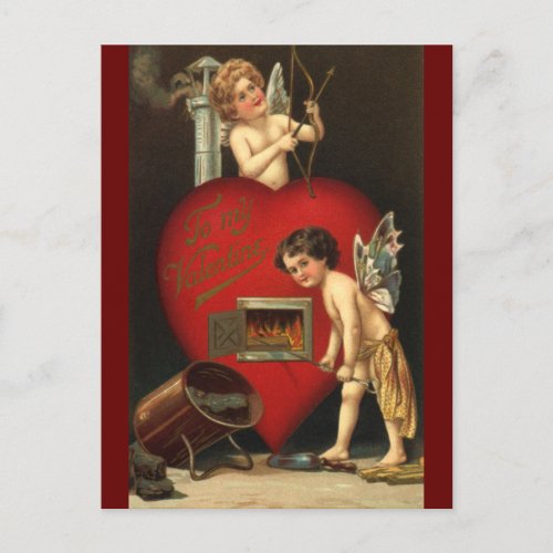 Vintage Valentines Day Cupid Angels Burning Love Holiday Postcard