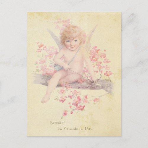 Vintage Valentines Day Cupid Pink Blossom Tree Holiday Postcard