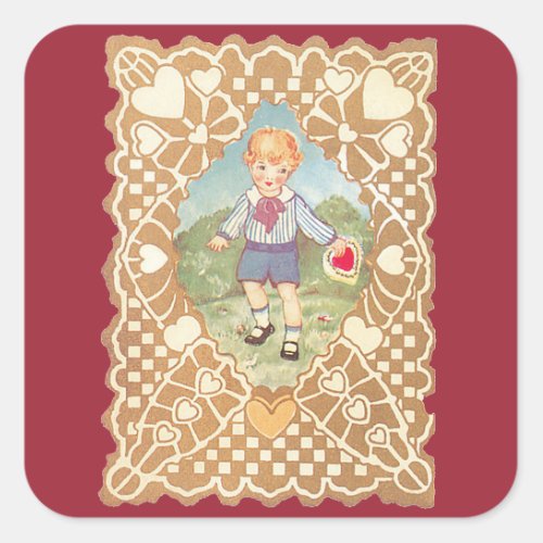 Vintage Valentines Day Cute Boy in the Meadow Square Sticker