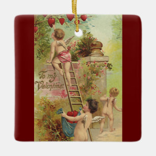 Vintage Valentine's Day, Cute Cherubs Climb Ladder Ceramic Ornament