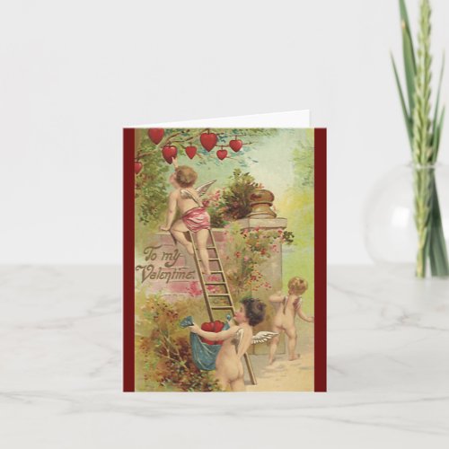 Vintage Valentines Day Cute Cherubs Climb Ladder Holiday Card