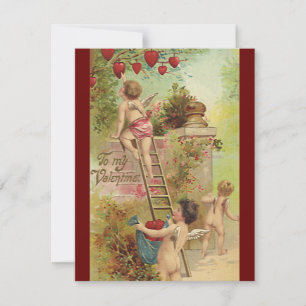 Vintage Valentine's Day, Cute Cherubs Climb Ladder Holiday Card