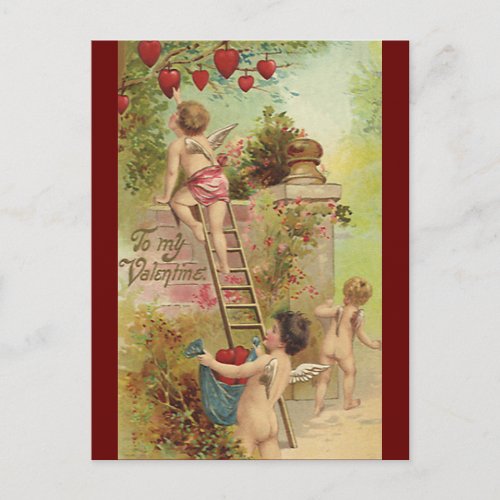 Vintage Valentines Day Cute Cherubs Climb Ladder Holiday Postcard