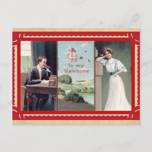 Vintage Valentines Day Cute Couple Telephone Postcard