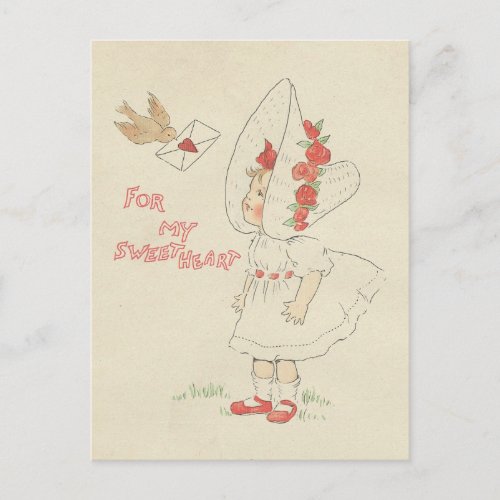 Vintage Valentines Day Cute Girl Bird Love Letter Holiday Postcard