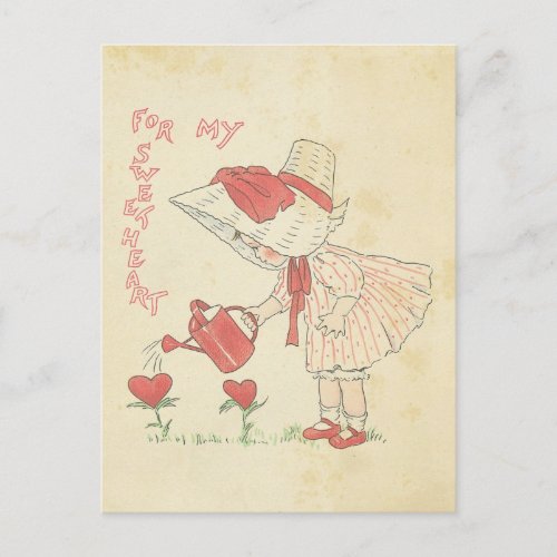 Vintage Valentines Day Cute Girl Flower Hearts Holiday Postcard