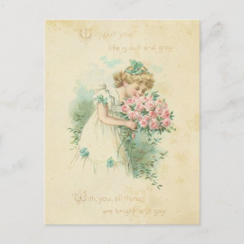 Vintage Valentines Day Cute Girl Pink Roses Love Holiday Postcard