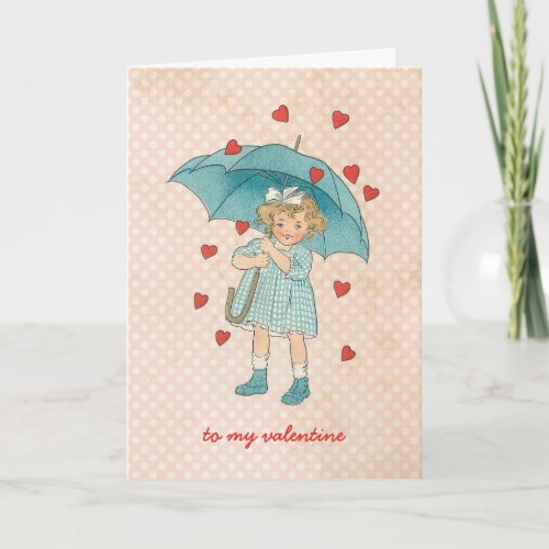 Vintage Valentines Day Cute Girl Raining Hearts Holiday Card