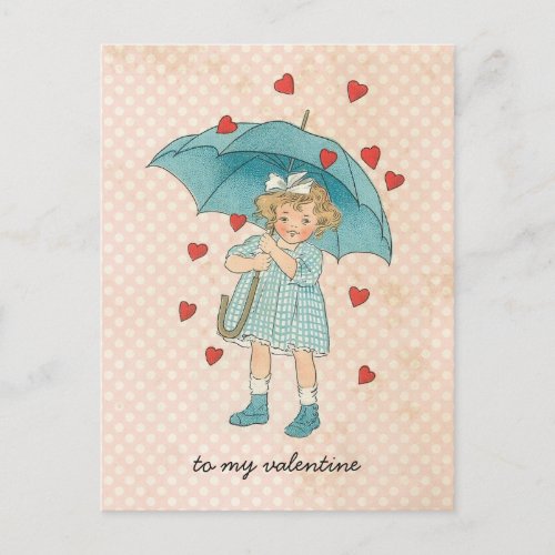 Vintage Valentines Day Cute Girl Raining Hearts Holiday Postcard