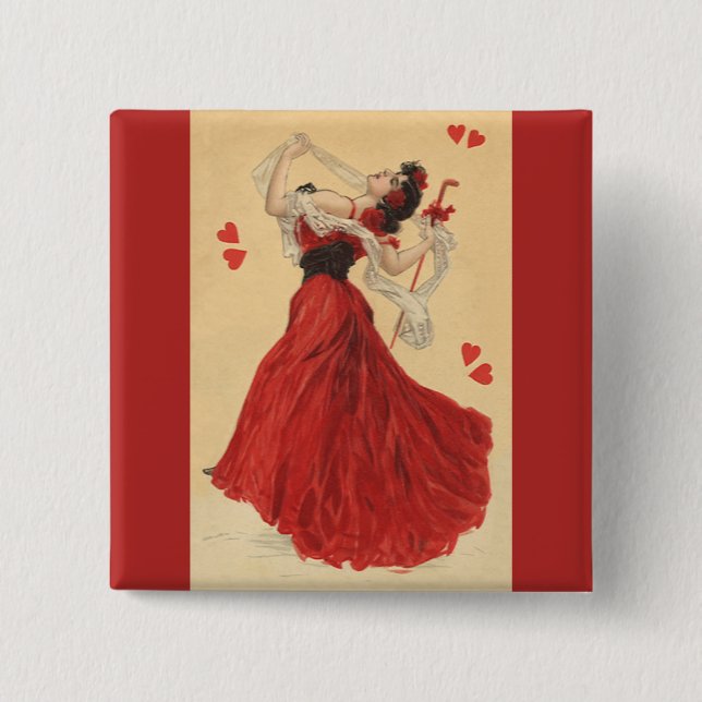 Vintage Valentine's Day, Dancing Lady Red Hearts Button (Front)