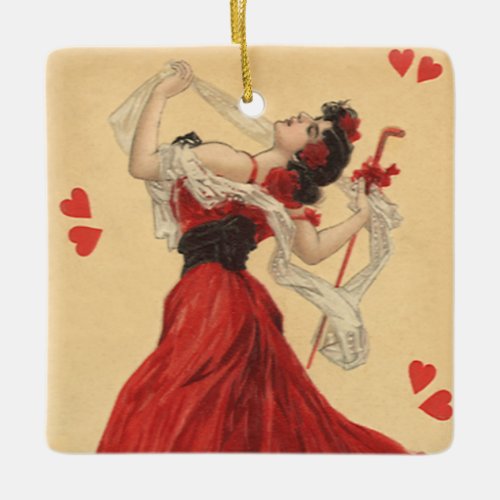 Vintage Valentines Day Dancing Lady Red Hearts Ceramic Ornament