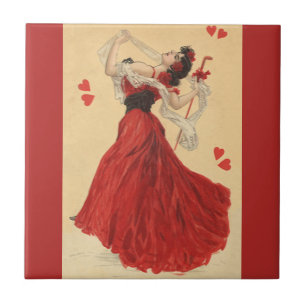 Vintage Valentine's Day, Dancing Lady Red Hearts Ceramic Tile