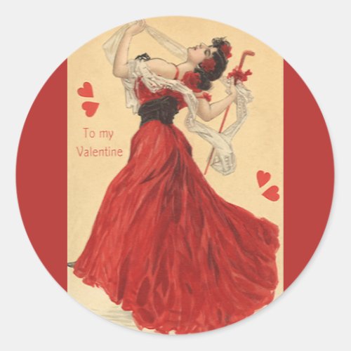 Vintage Valentines Day Dancing Lady Red Hearts Classic Round Sticker