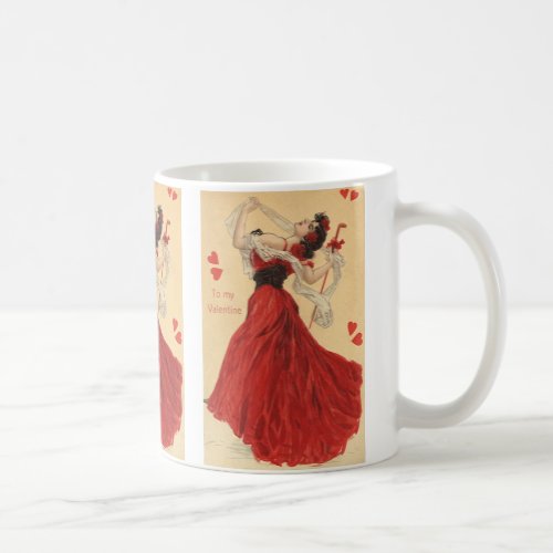 Vintage Valentines Day Dancing Lady Red Hearts Coffee Mug